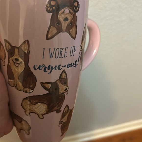 NWOT large Sheffield Home Corgis themed pink mug with black lid - Picture 2 of 8